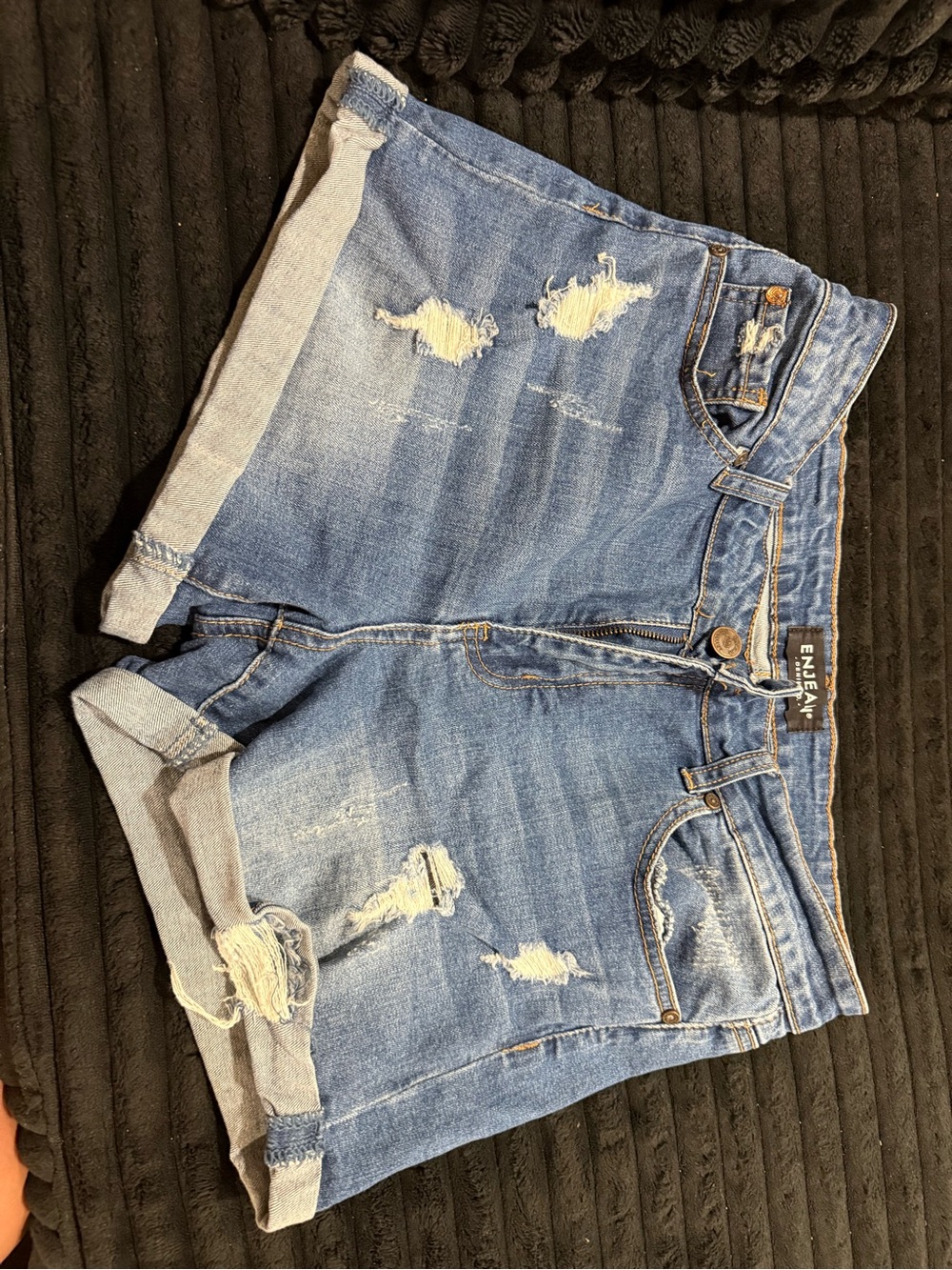 ENJEAN Distressed Rolled Hem Light Blue Denim Shorts